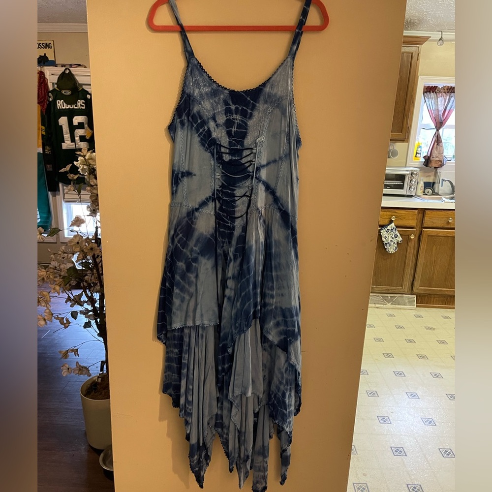 Blue tie-dye fairy dress with corset lace front!